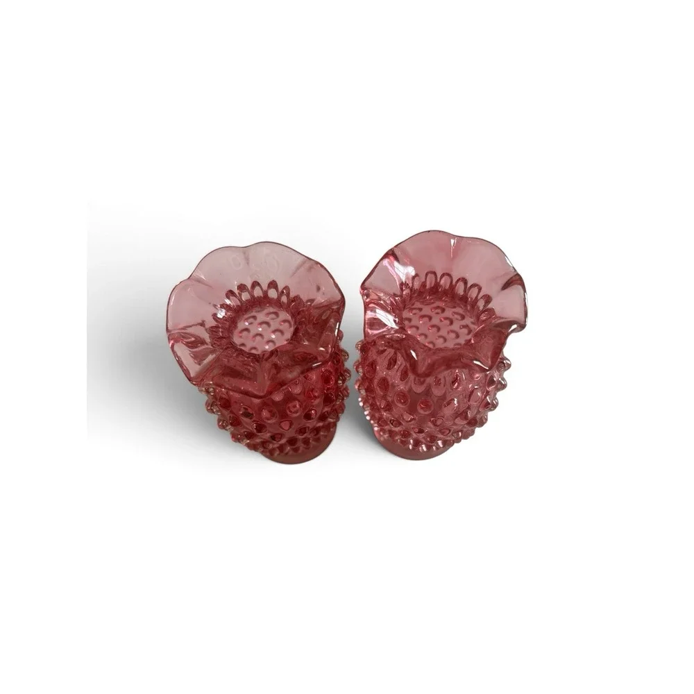 Vintage Fenton Cranberry Opalescent Hobnail Ruffled Mini Bud Vase pair 4